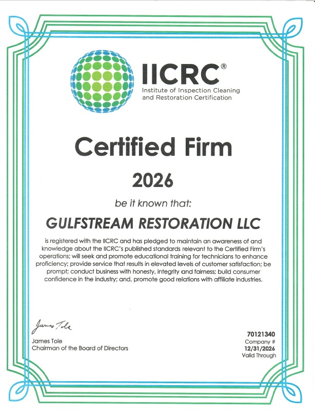 IICRC Certified Firm certificate for Gulfstream Restoration, valid through 12/31/2026